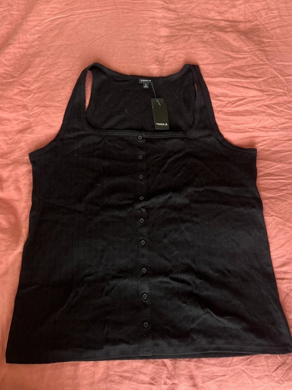 Square Neck pointelle lace trim button front tank